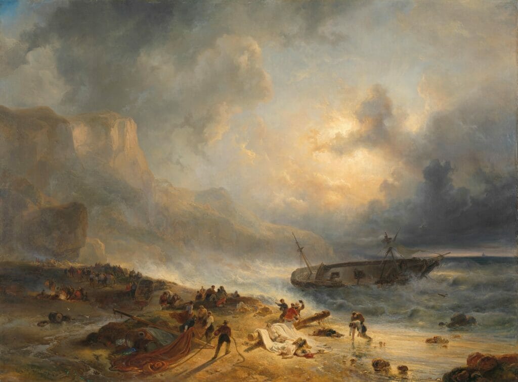 Naufragio al largo di una costa rocciosa | Visione artistica di un problema umanitario