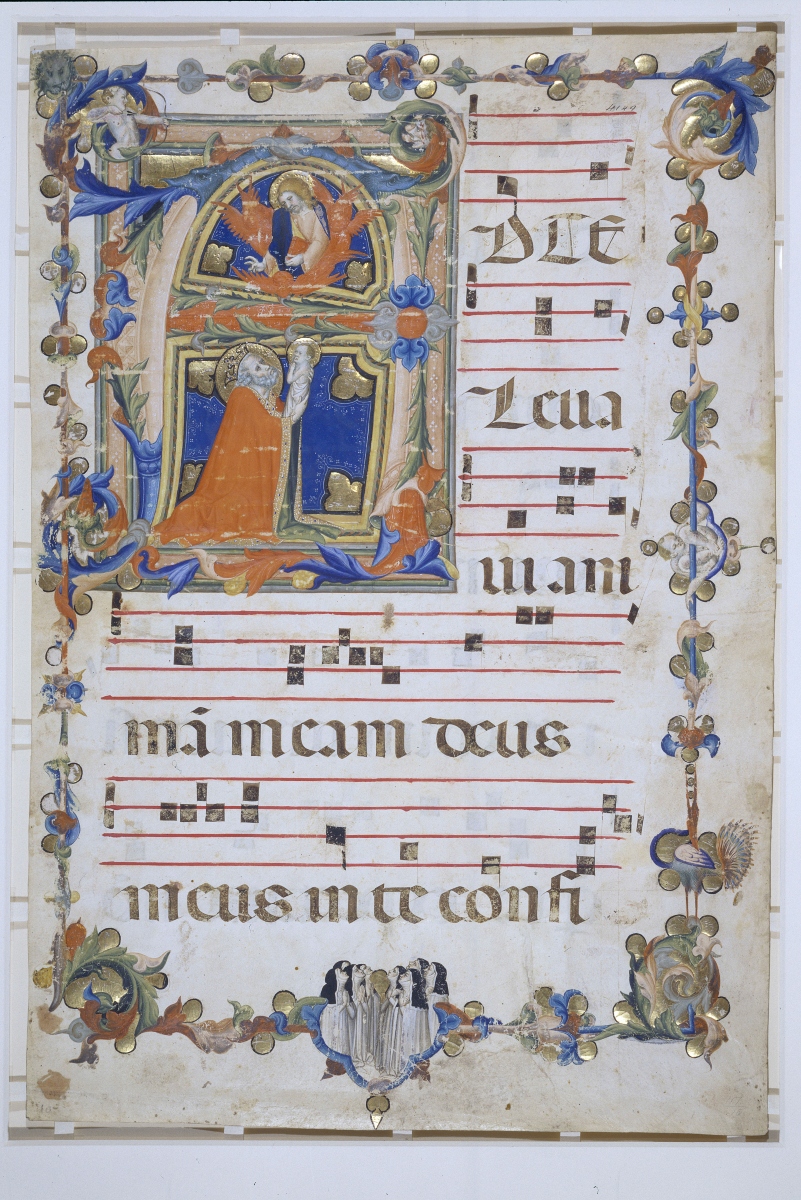 Leaf from a Gradual with historiated initial letter A with a depiction of David raising his soul to God; Italian; 14th century.