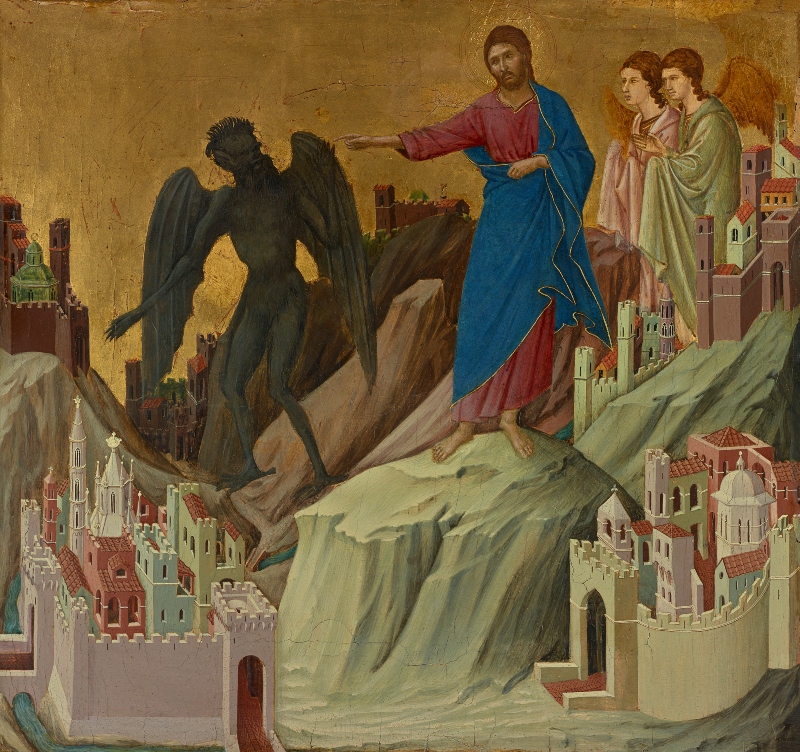Duccio di Buoninsegna (c.1255 - c.1319) The Temptation of Christ on the Mountain, 1308-1311 tempera on poplar panel (cradled) 17 in. x 18 1/8 in. (43.18 cm x 46.04 cm) Purchased by The Frick Collection, 1927.